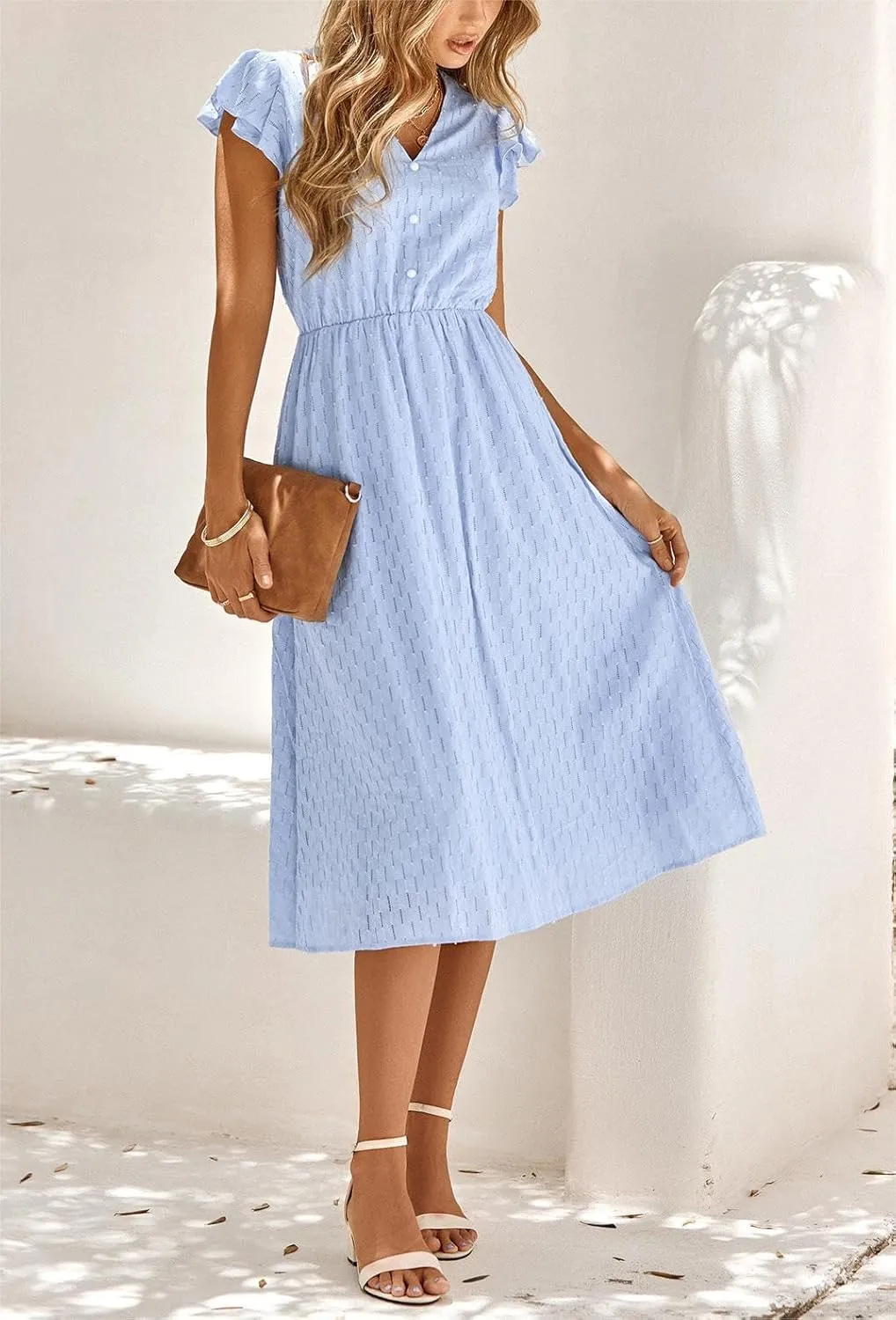 loveimgs Women's Casual Summer Ruffle Sleeve V-Neck Button Down A-Line Pleated Boho Swing Beach Sun Dress