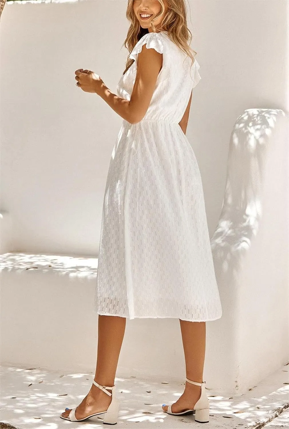 loveimgs Women's Casual Summer Ruffle Sleeve V-Neck Button Down A-Line Pleated Boho Swing Beach Sun Dress