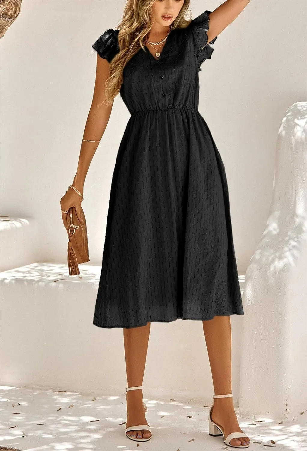 loveimgs Women's Casual Summer Ruffle Sleeve V-Neck Button Down A-Line Pleated Boho Swing Beach Sun Dress