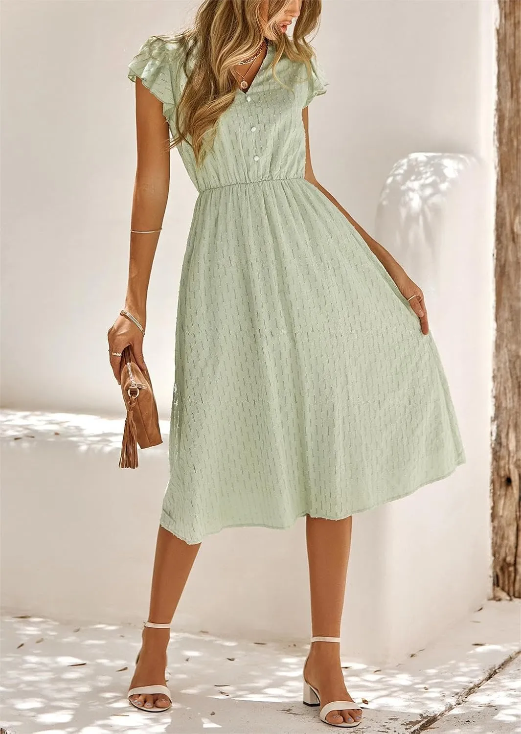 loveimgs Women's Casual Summer Ruffle Sleeve V-Neck Button Down A-Line Pleated Boho Swing Beach Sun Dress