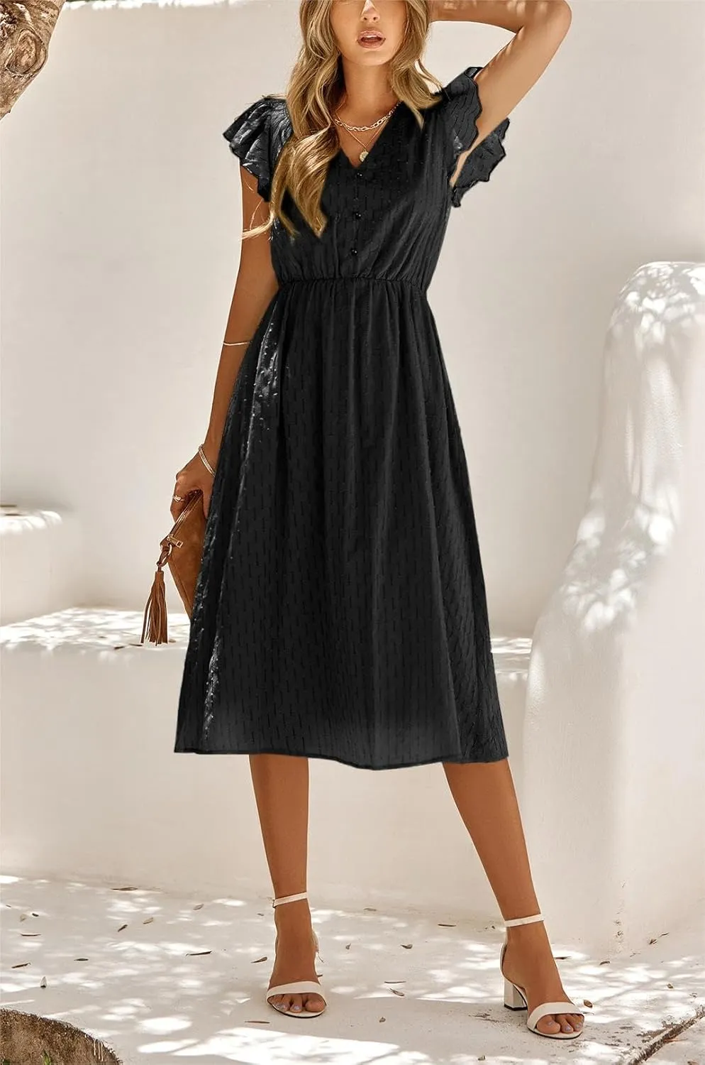 loveimgs Women's Casual Summer Ruffle Sleeve V-Neck Button Down A-Line Pleated Boho Swing Beach Sun Dress