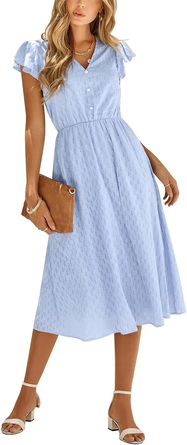 loveimgs Women's Casual Summer Ruffle Sleeve V-Neck Button Down A-Line Pleated Boho Swing Beach Sun Dress