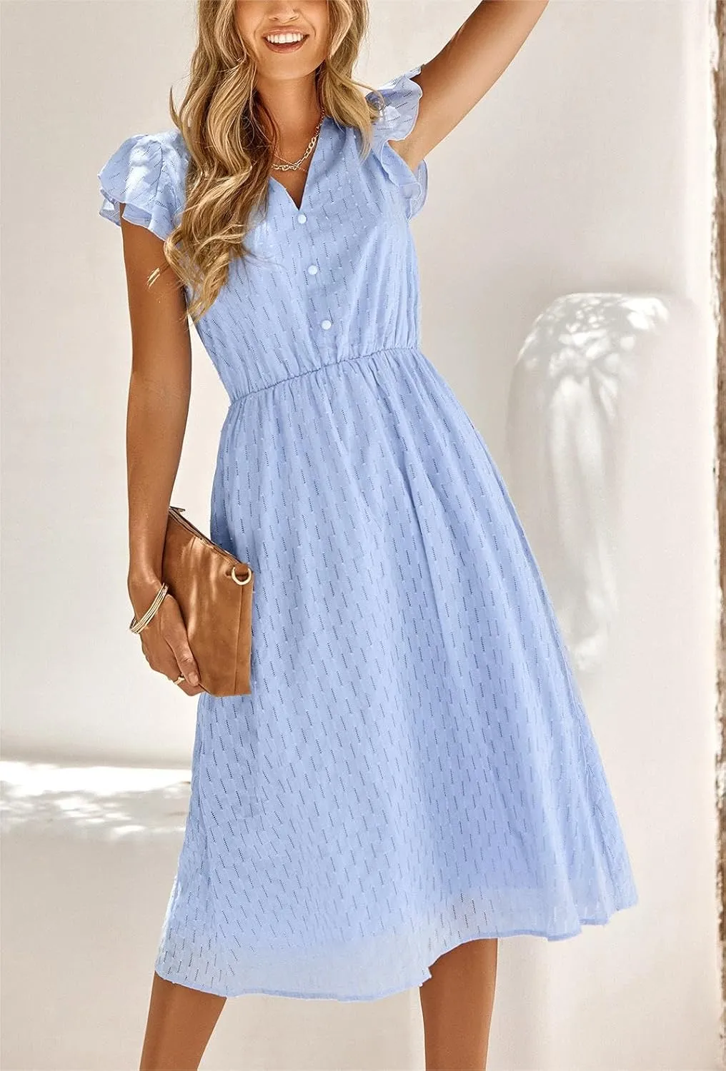 loveimgs Women's Casual Summer Ruffle Sleeve V-Neck Button Down A-Line Pleated Boho Swing Beach Sun Dress