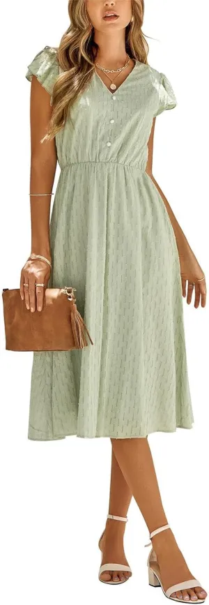 loveimgs Women's Casual Summer Ruffle Sleeve V-Neck Button Down A-Line Pleated Boho Swing Beach Sun Dress