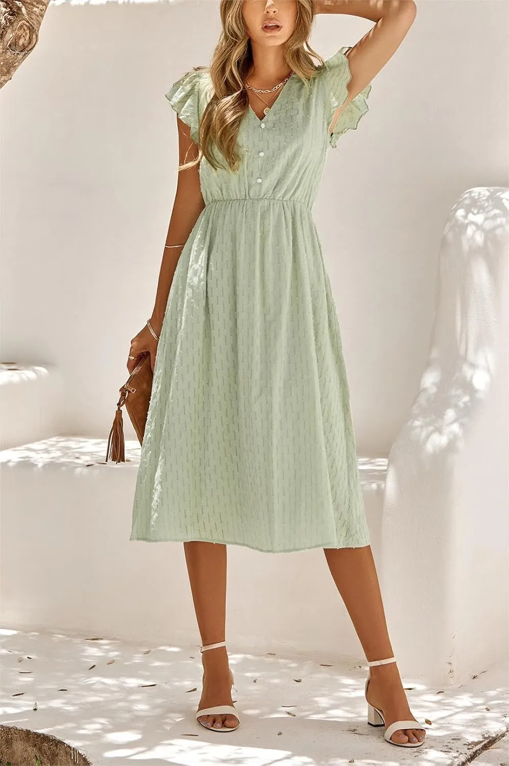 loveimgs Women's Casual Summer Ruffle Sleeve V-Neck Button Down A-Line Pleated Boho Swing Beach Sun Dress