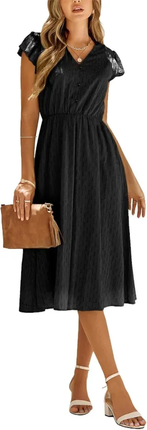 loveimgs Women's Casual Summer Ruffle Sleeve V-Neck Button Down A-Line Pleated Boho Swing Beach Sun Dress