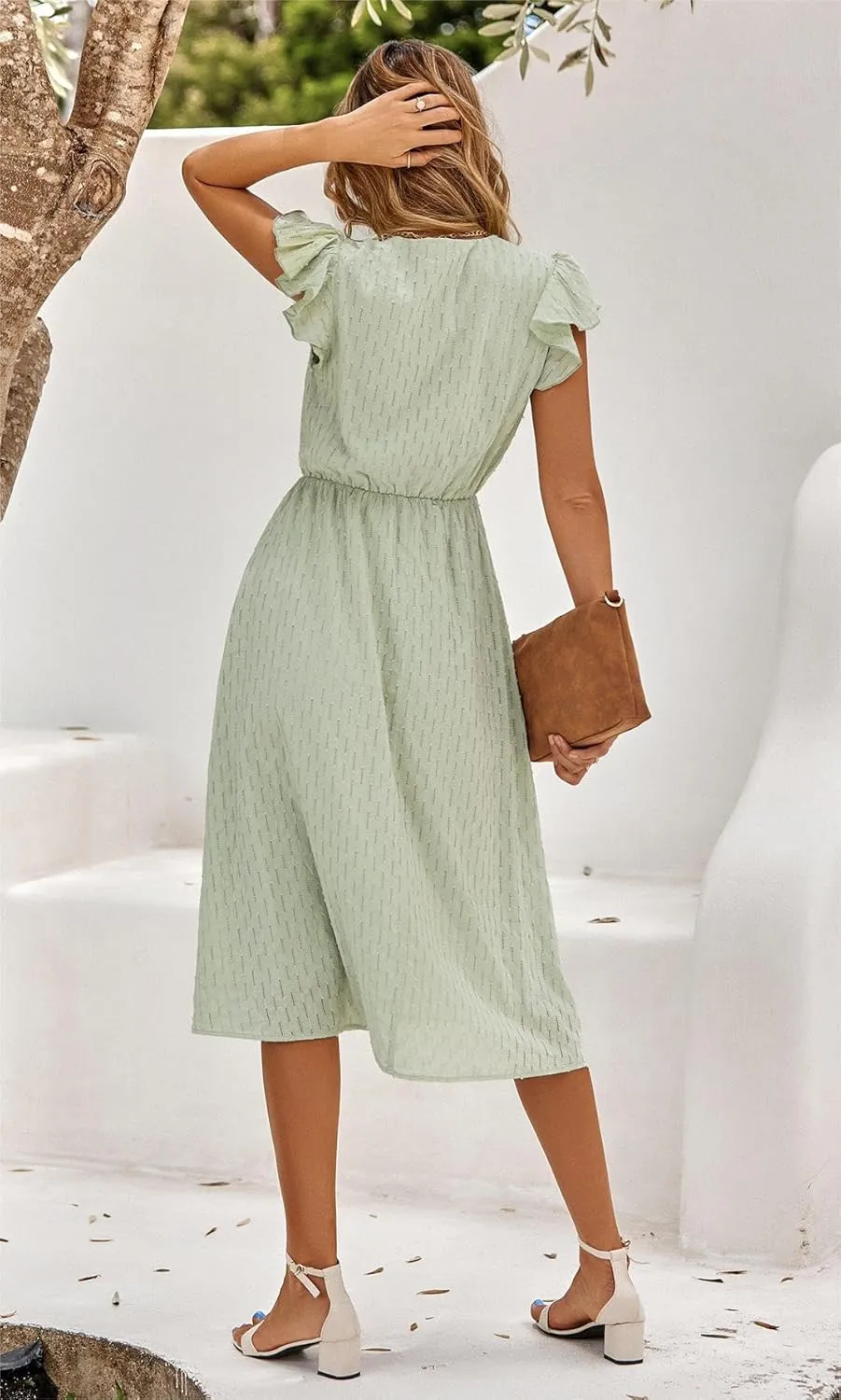 loveimgs Women's Casual Summer Ruffle Sleeve V-Neck Button Down A-Line Pleated Boho Swing Beach Sun Dress
