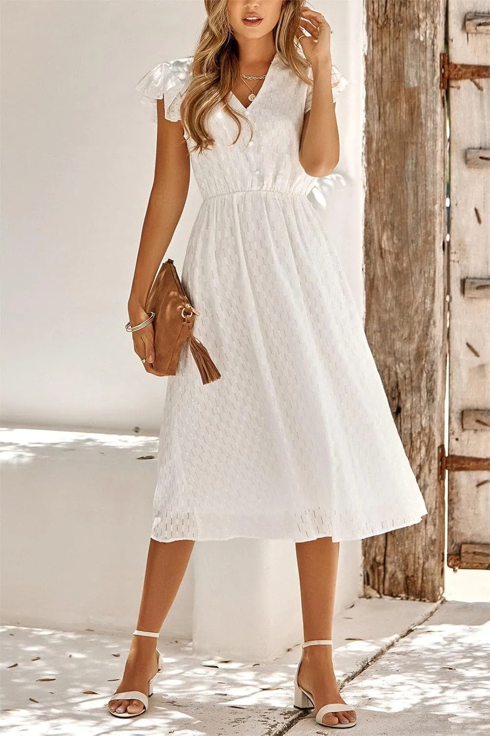 loveimgs Women's Casual Summer Ruffle Sleeve V-Neck Button Down A-Line Pleated Boho Swing Beach Sun Dress