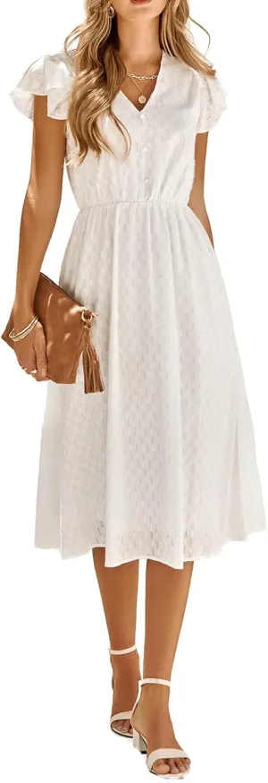 loveimgs Women's Casual Summer Ruffle Sleeve V-Neck Button Down A-Line Pleated Boho Swing Beach Sun Dress