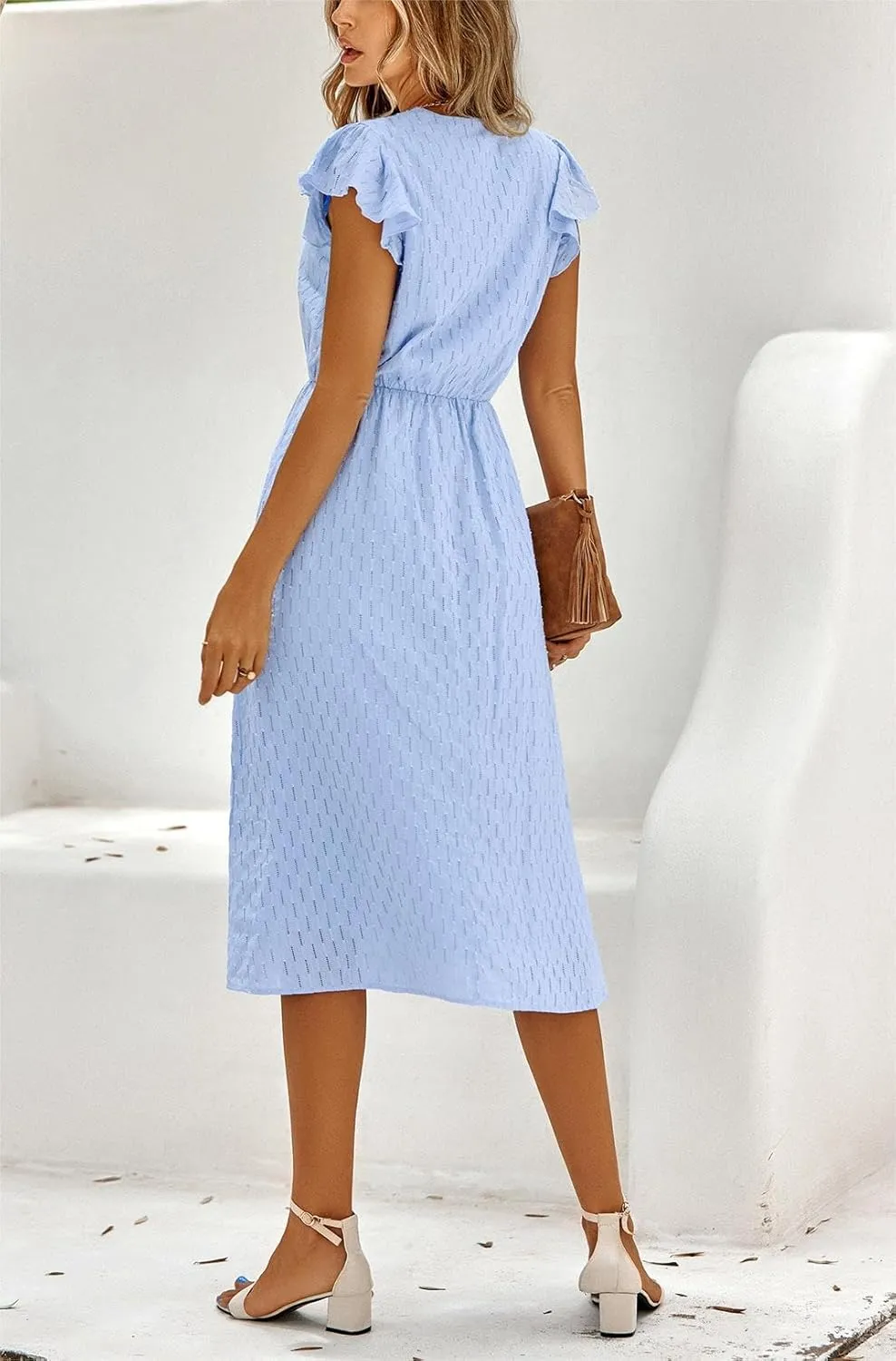 loveimgs Women's Casual Summer Ruffle Sleeve V-Neck Button Down A-Line Pleated Boho Swing Beach Sun Dress