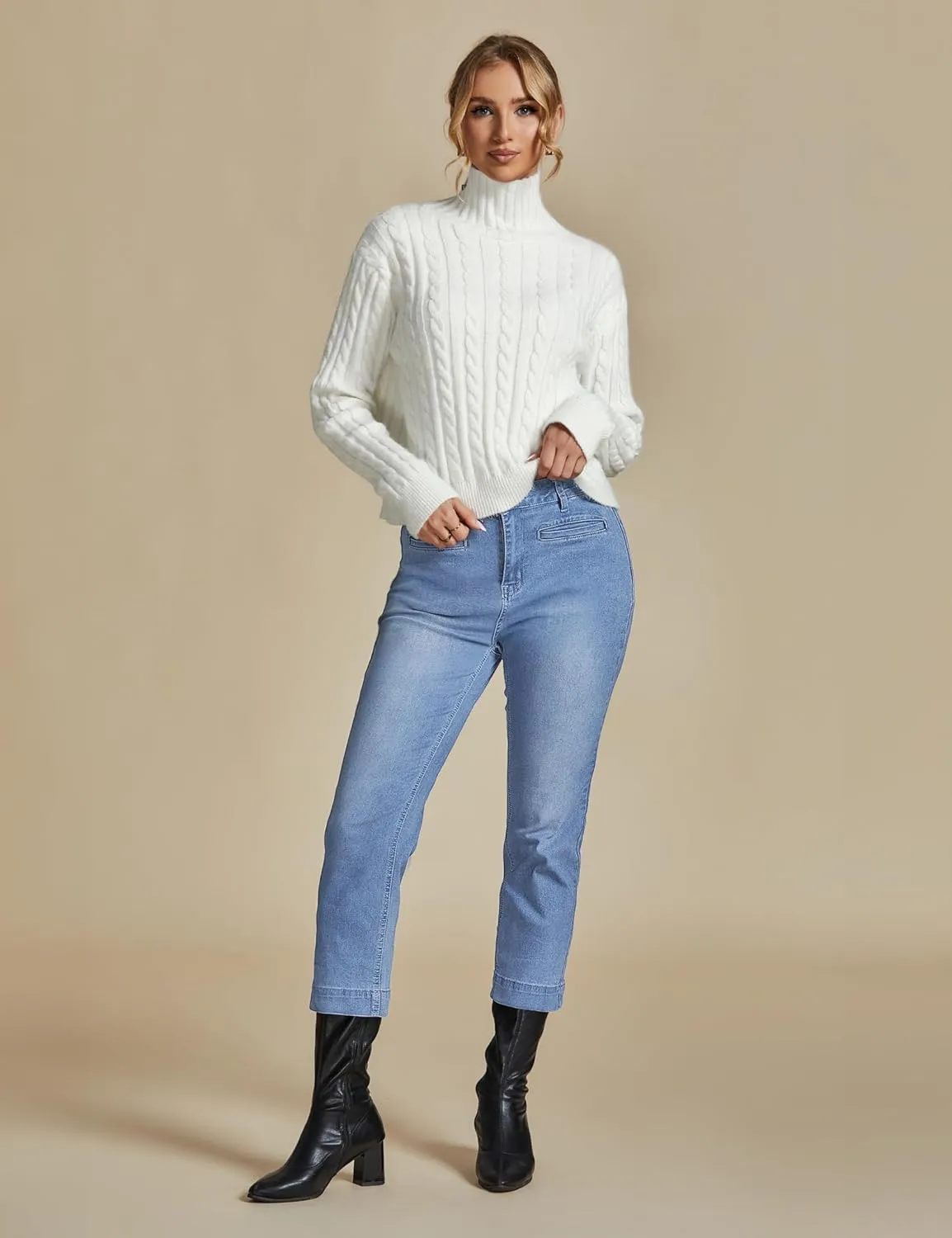 luvamia Capri Jeans for Women High Waisted Slim Straight Stretchy Denim Capris Pants Welt Pockets Casual Cropped Jeans