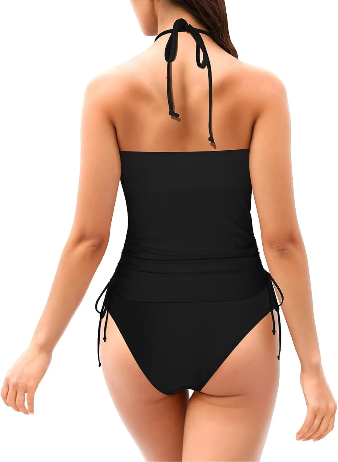 LVZIJUN Women's Tankini Sets Two Piece Bathing Suits Halter Neck Tummy Conrol Tankini Swimsuits Solid Color Thong Bottom