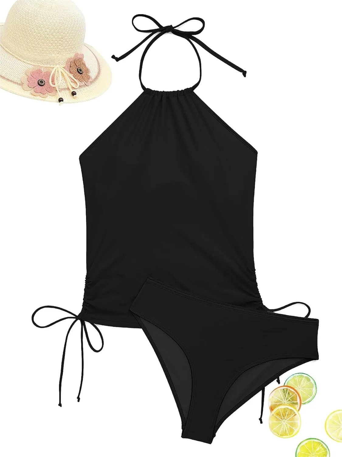 LVZIJUN Women's Tankini Sets Two Piece Bathing Suits Halter Neck Tummy Conrol Tankini Swimsuits Solid Color Thong Bottom