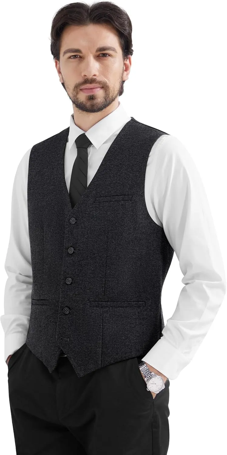 MAGE MALE Men's Suit Vests Business Formal Dress Tweed Vest Slim Fit Casual Waistcoat with 3 Real Pockets