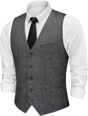MAGE MALE Men's Suit Vests Business Formal Dress Tweed Vest Slim Fit Casual Waistcoat with 3 Real Pockets