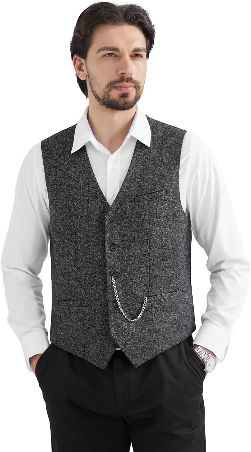 MAGE MALE Men's Suit Vests Business Formal Dress Tweed Vest Slim Fit Casual Waistcoat with 3 Real Pockets