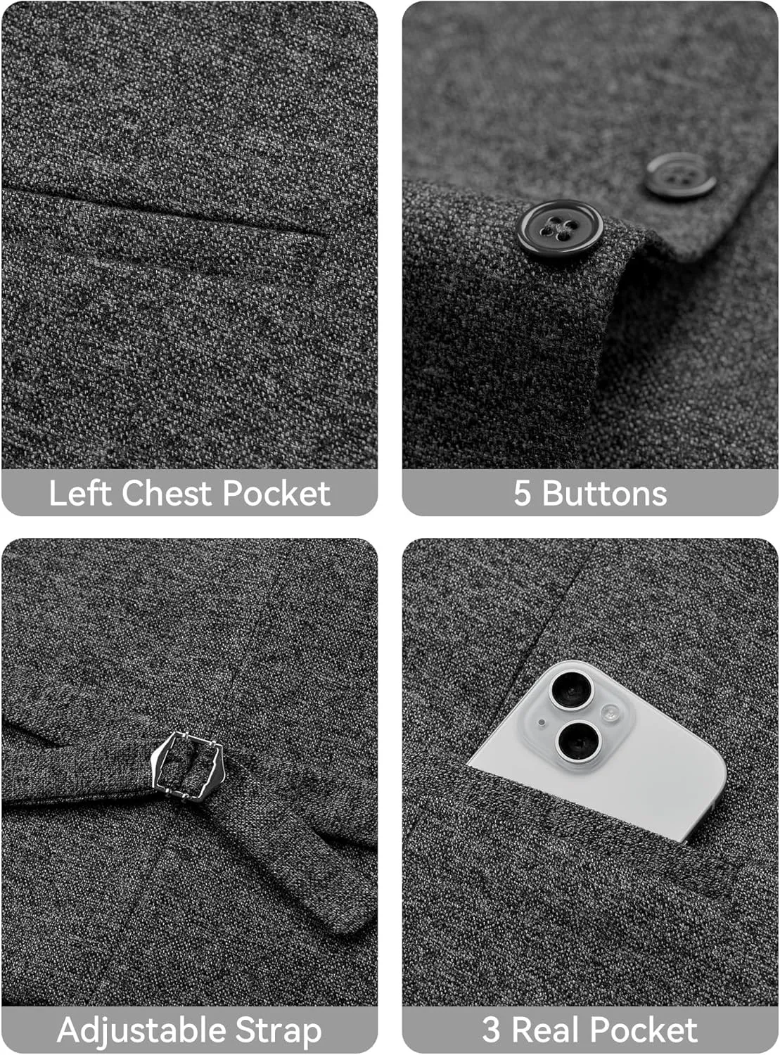 MAGE MALE Men's Suit Vests Business Formal Dress Tweed Vest Slim Fit Casual Waistcoat with 3 Real Pockets