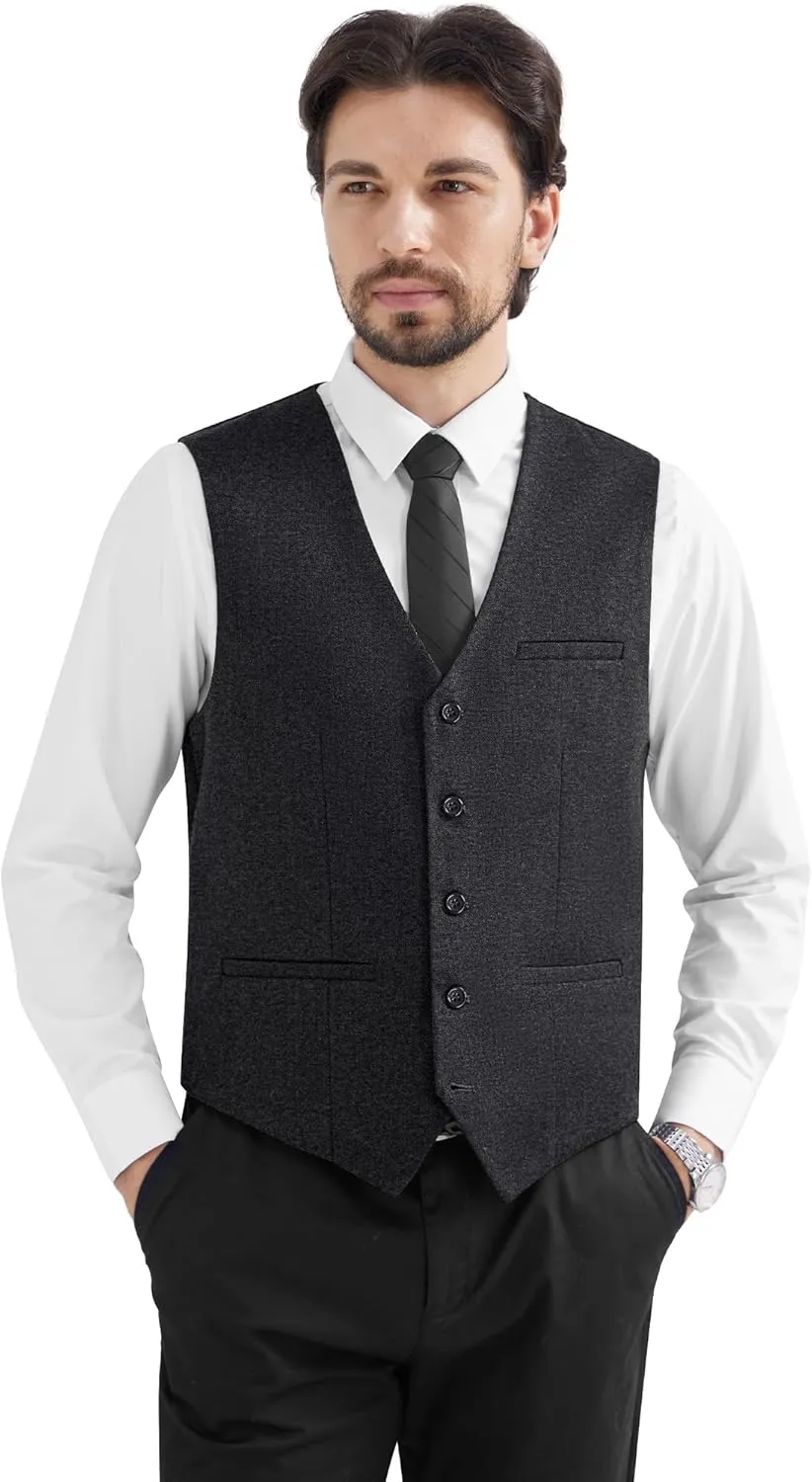 MAGE MALE Men's Suit Vests Business Formal Dress Tweed Vest Slim Fit Casual Waistcoat with 3 Real Pockets
