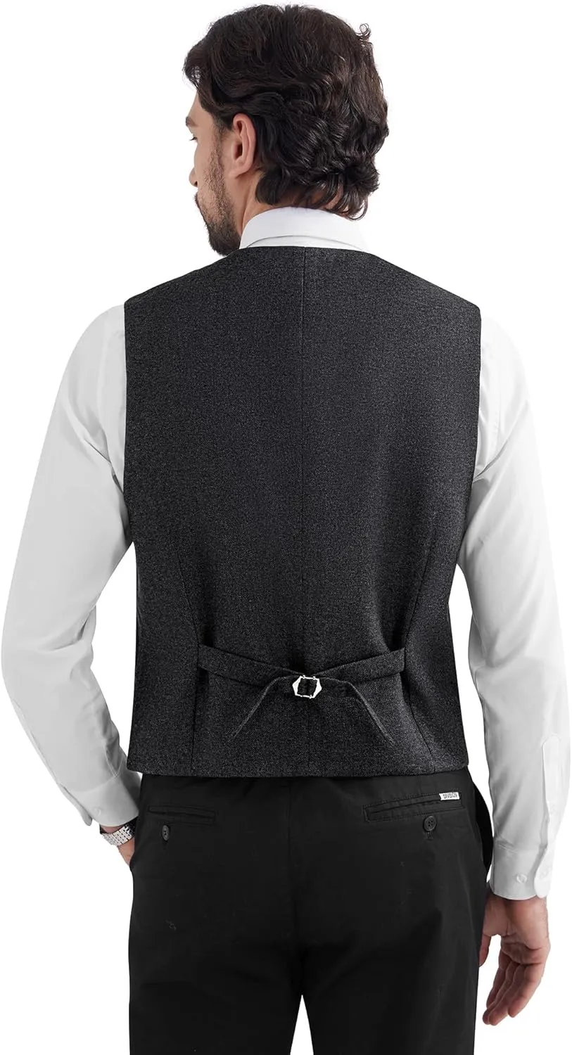 MAGE MALE Men's Suit Vests Business Formal Dress Tweed Vest Slim Fit Casual Waistcoat with 3 Real Pockets