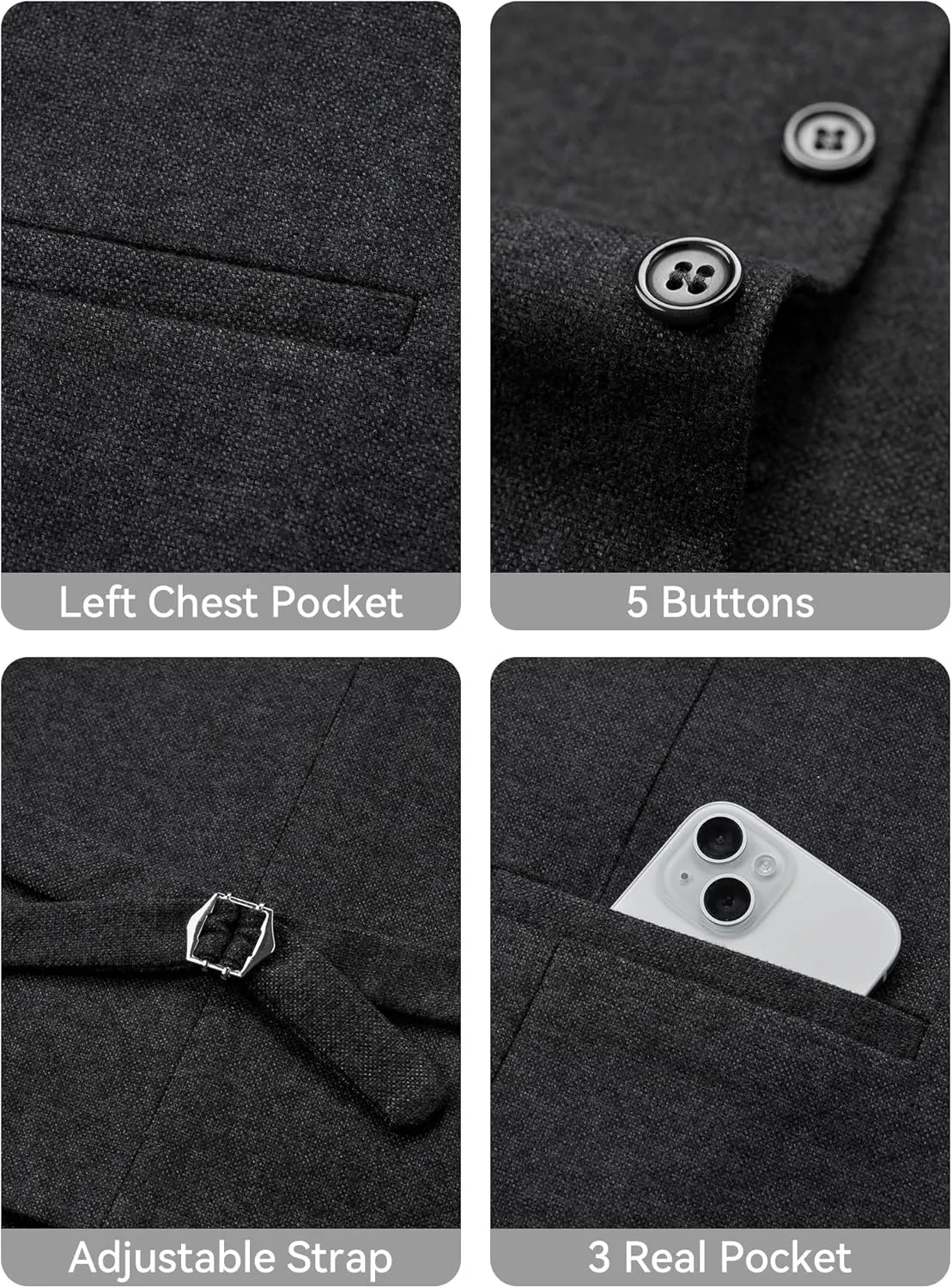 MAGE MALE Men's Suit Vests Business Formal Dress Tweed Vest Slim Fit Casual Waistcoat with 3 Real Pockets