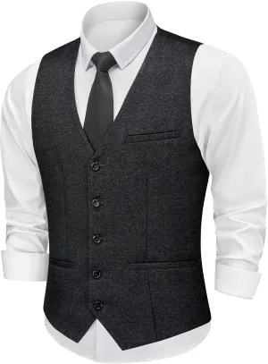 MAGE MALE Men's Suit Vests Business Formal Dress Tweed Vest Slim Fit Casual Waistcoat with 3 Real Pockets