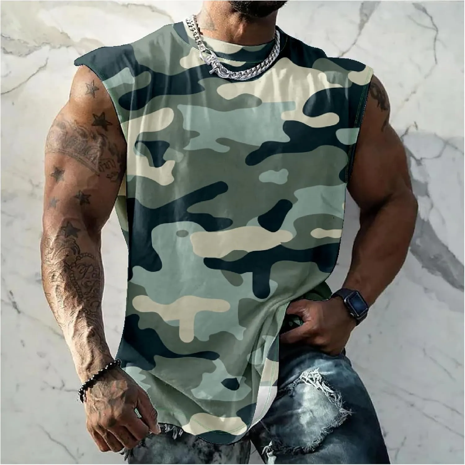MARSVOVO Hawaiian Shirt for Men Funny Graphic Vintage Summer Sleeveless Crewneck Soft Quick Dry Beach Tank Tops for Men