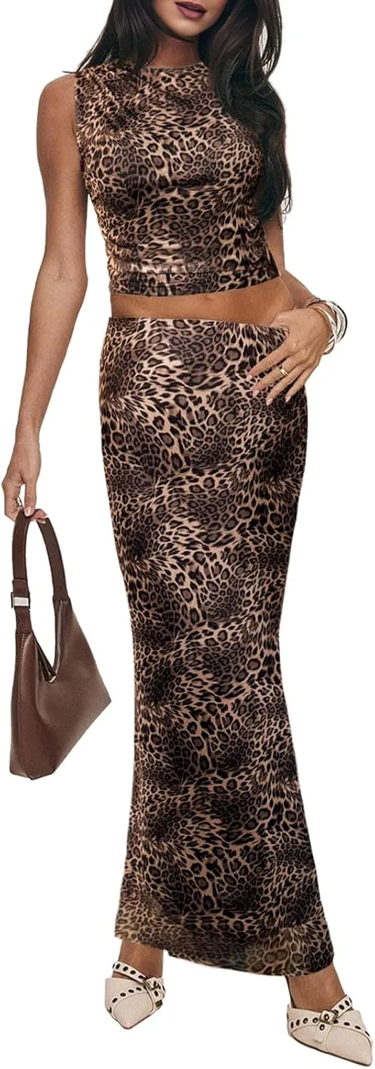 MAYFASEY Women's 2 Piece Outfits Mesh Skirt Sets Summer Floral Ruched Crop Tops and Maxi Skirt Set Going Out Long Dress