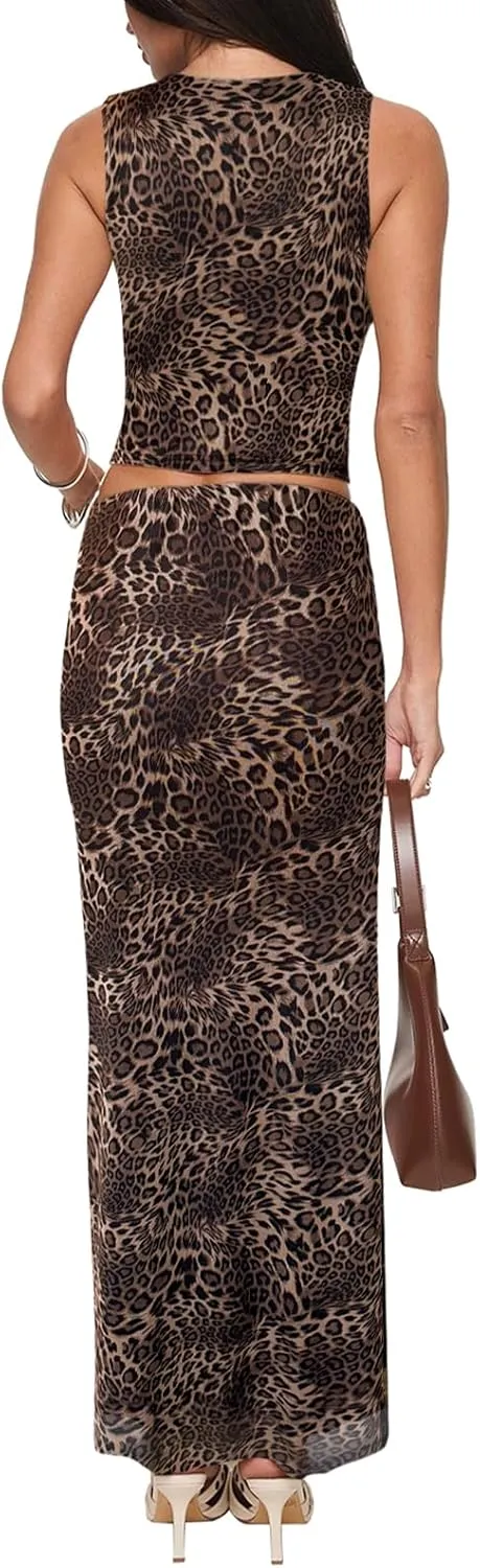 MAYFASEY Women's 2 Piece Outfits Mesh Skirt Sets Summer Floral Ruched Crop Tops and Maxi Skirt Set Going Out Long Dress