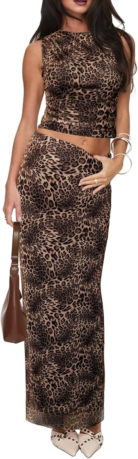 MAYFASEY Women's 2 Piece Outfits Mesh Skirt Sets Summer Floral Ruched Crop Tops and Maxi Skirt Set Going Out Long Dress
