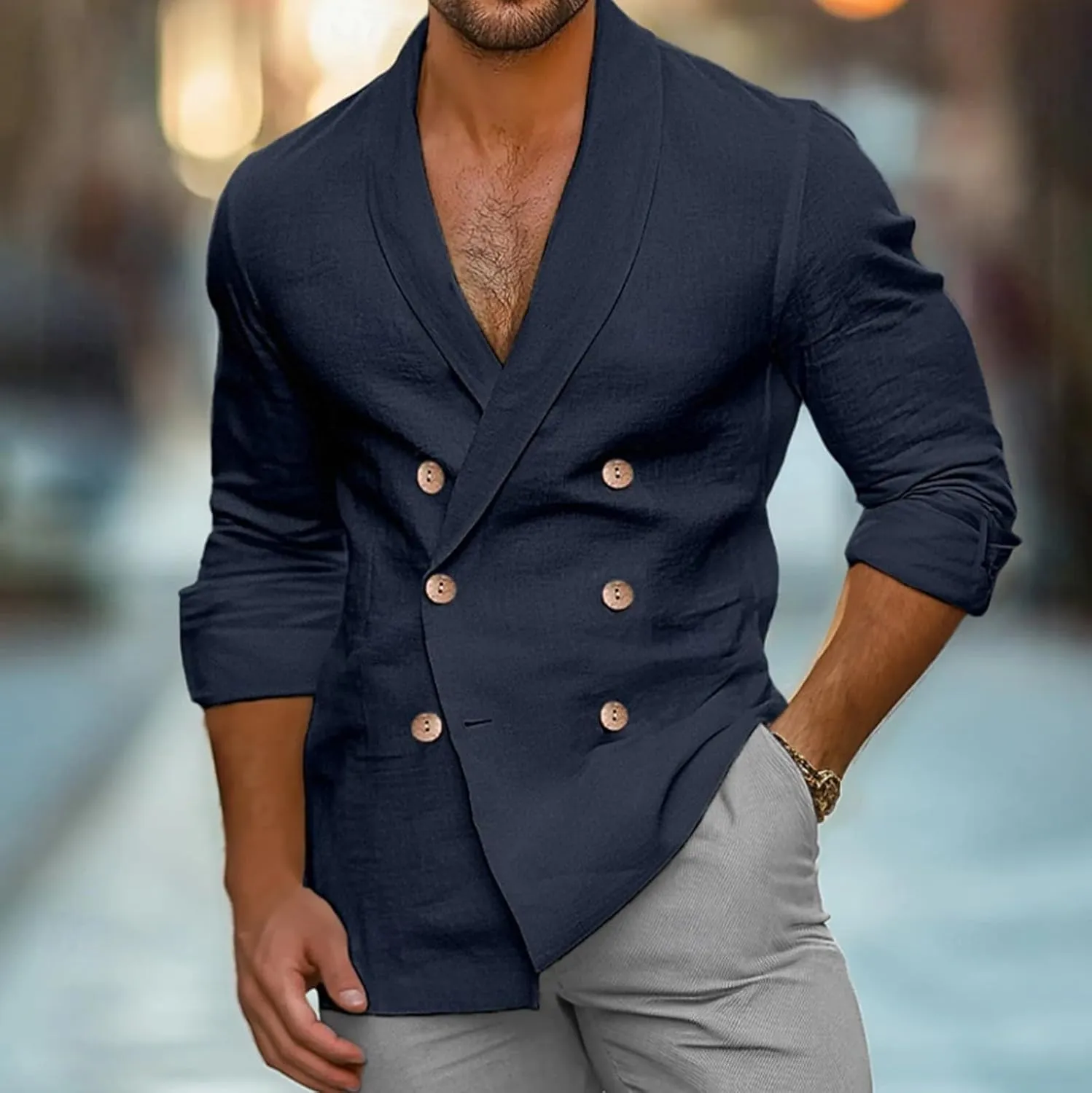 Mens Casual Double Breast Blazer Suit Jackets Lightweight V Neck Linen Work Jackets Three Button Slim Fit Sport Coats
