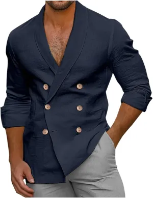 Mens Casual Double Breast Blazer Suit Jackets Lightweight V Neck Linen Work Jackets Three Button Slim Fit Sport Coats