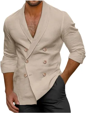Mens Casual Double Breast Blazer Suit Jackets Lightweight V Neck Linen Work Jackets Three Button Slim Fit Sport Coats