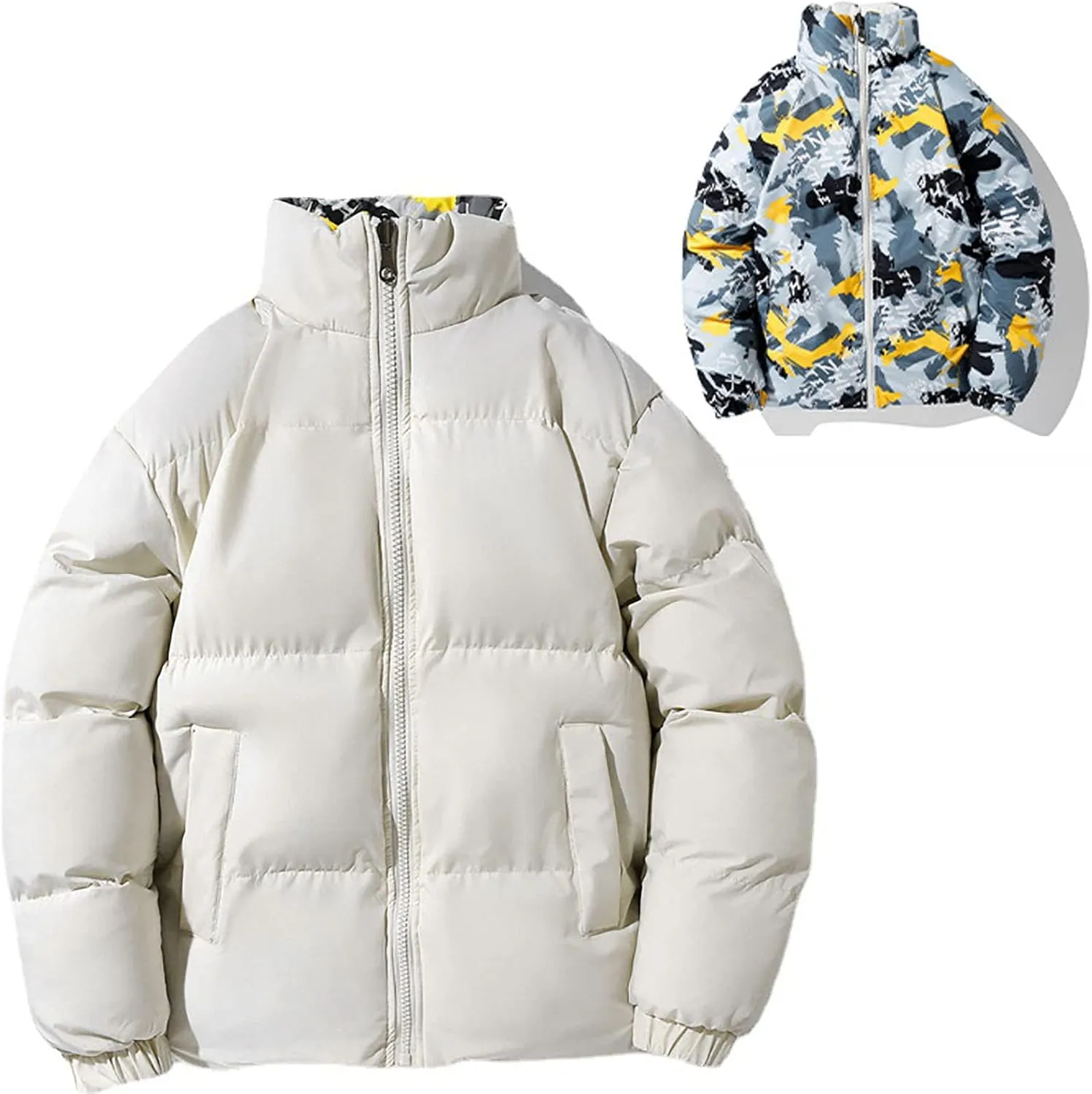 Men's Down Padded Reversible Jacket Thick Cotton Coat Zip Up Comfortable Sportswear Casual Oversize Outfit