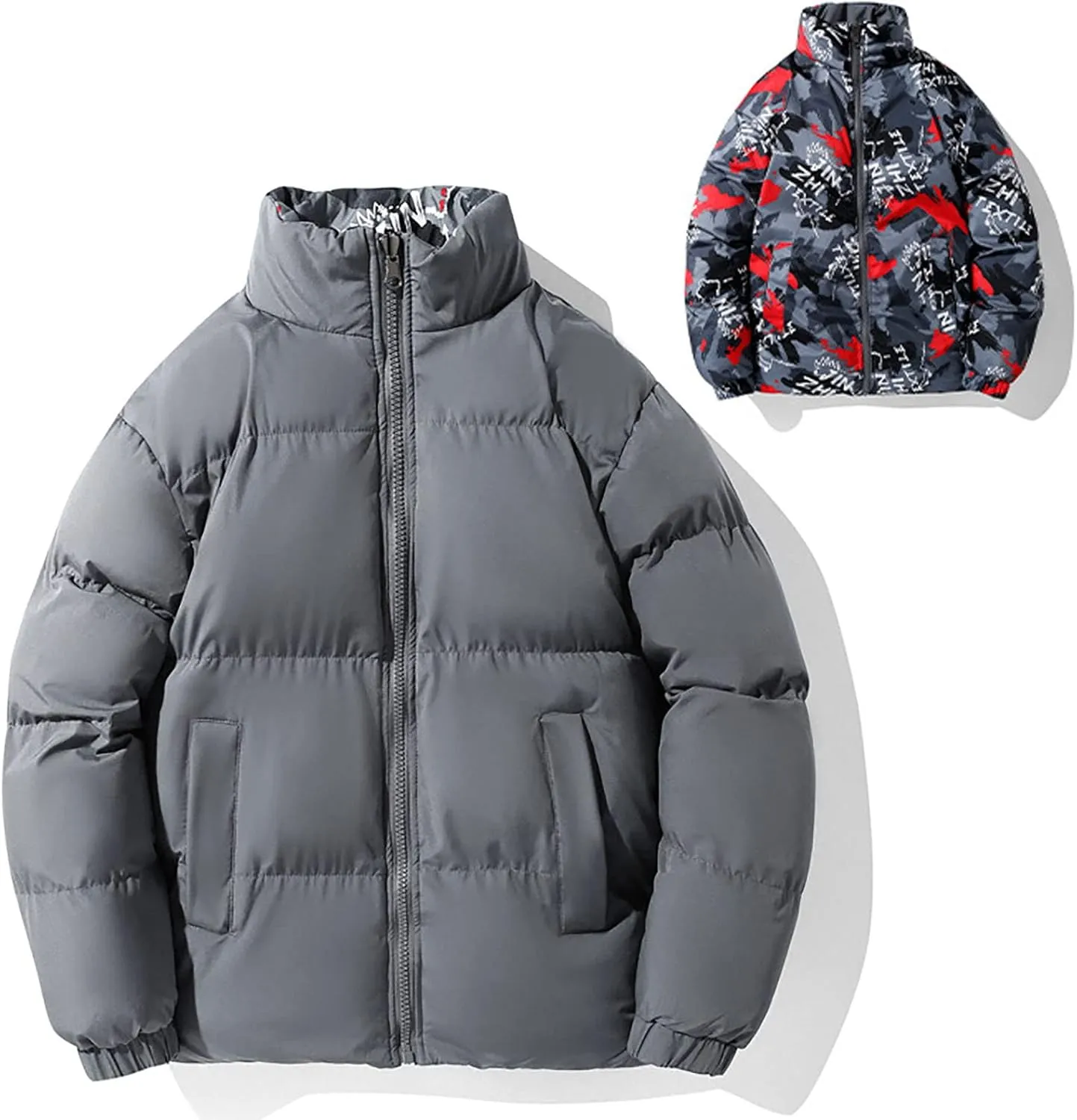 Men's Down Padded Reversible Jacket Thick Cotton Coat Zip Up Comfortable Sportswear Casual Oversize Outfit