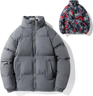 Men's Down Padded Reversible Jacket Thick Cotton Coat Zip Up Comfortable Sportswear Casual Oversize Outfit