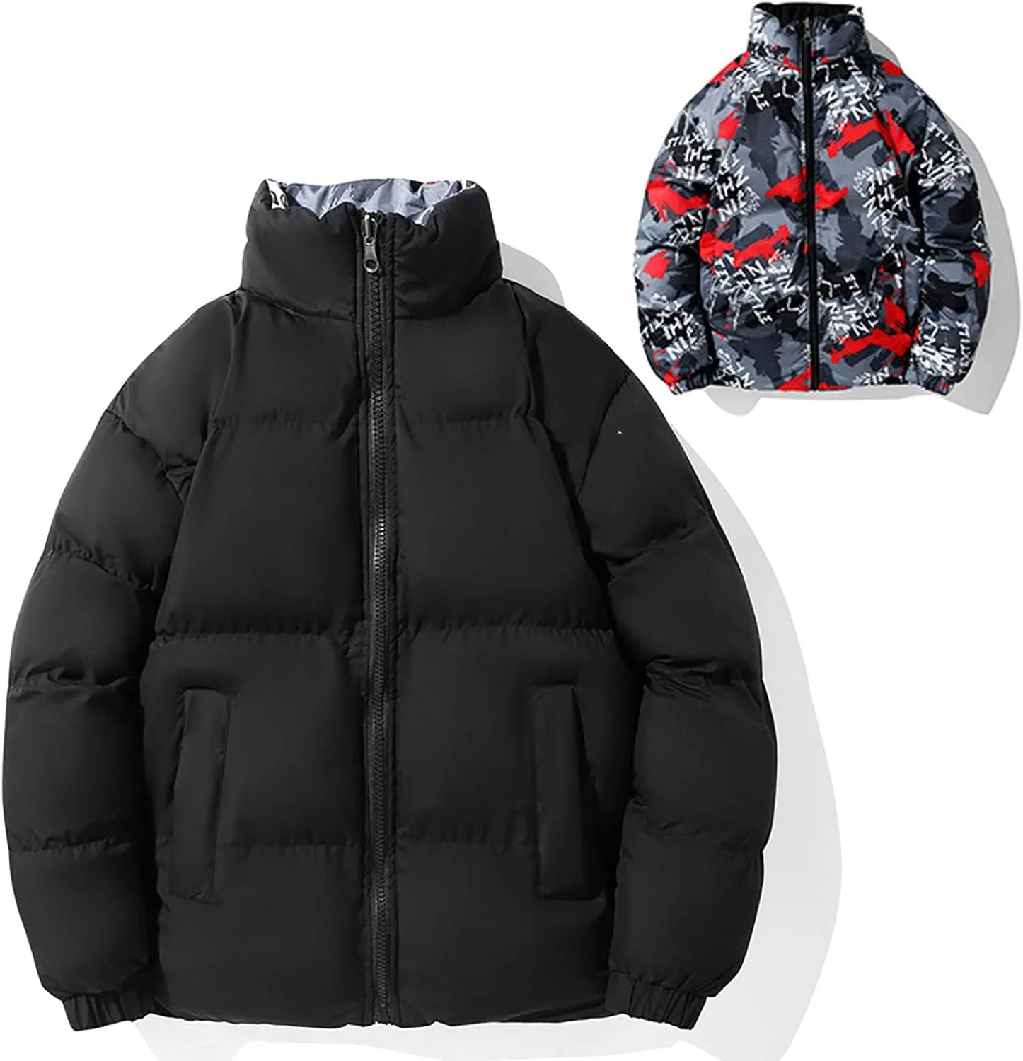 Men's Down Padded Reversible Jacket Thick Cotton Coat Zip Up Comfortable Sportswear Casual Oversize Outfit