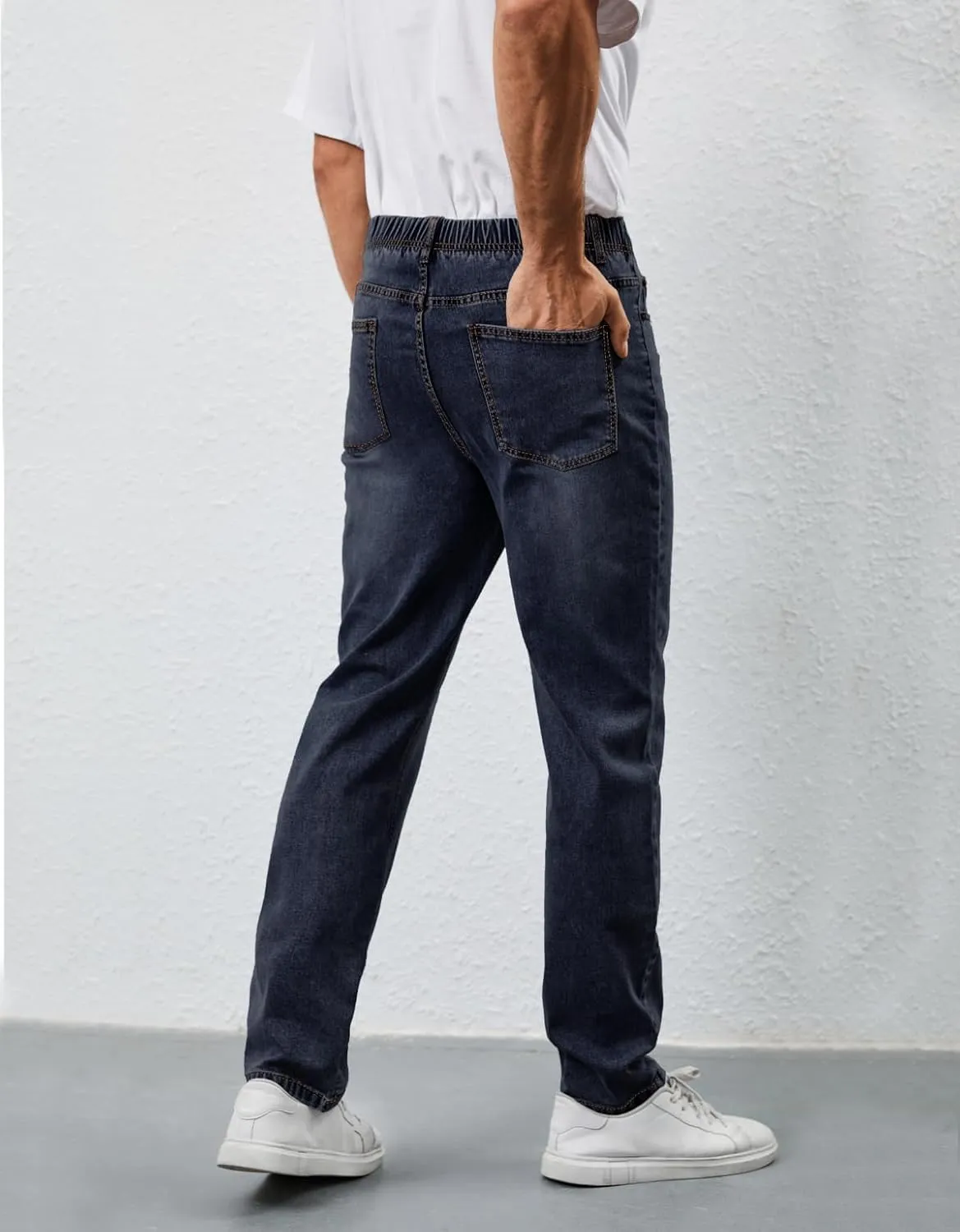 Mens Elastic Waist Jeans Relaxed Fit Stretch Denim Pants Straight Leg Jean with Zipper