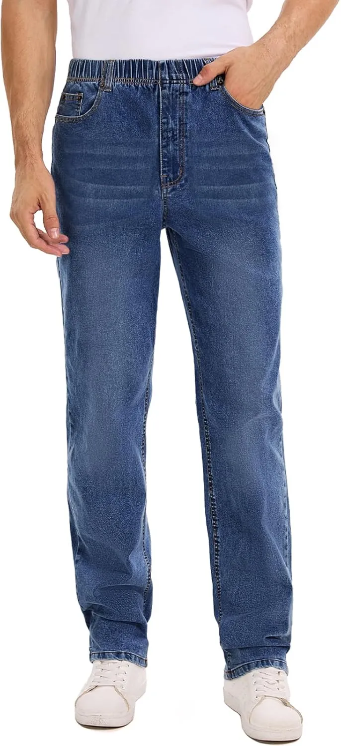 Mens Elastic Waist Jeans Relaxed Fit Stretch Denim Pants Straight Leg Jean with Zipper
