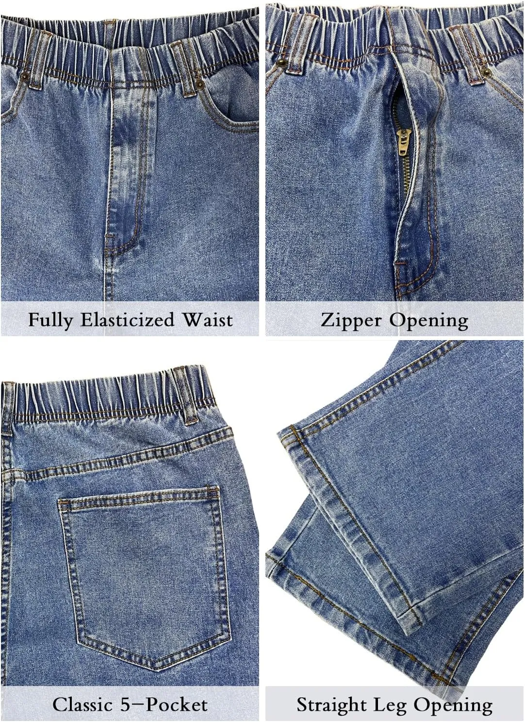 Mens Elastic Waist Jeans Relaxed Fit Stretch Denim Pants Straight Leg Jean with Zipper