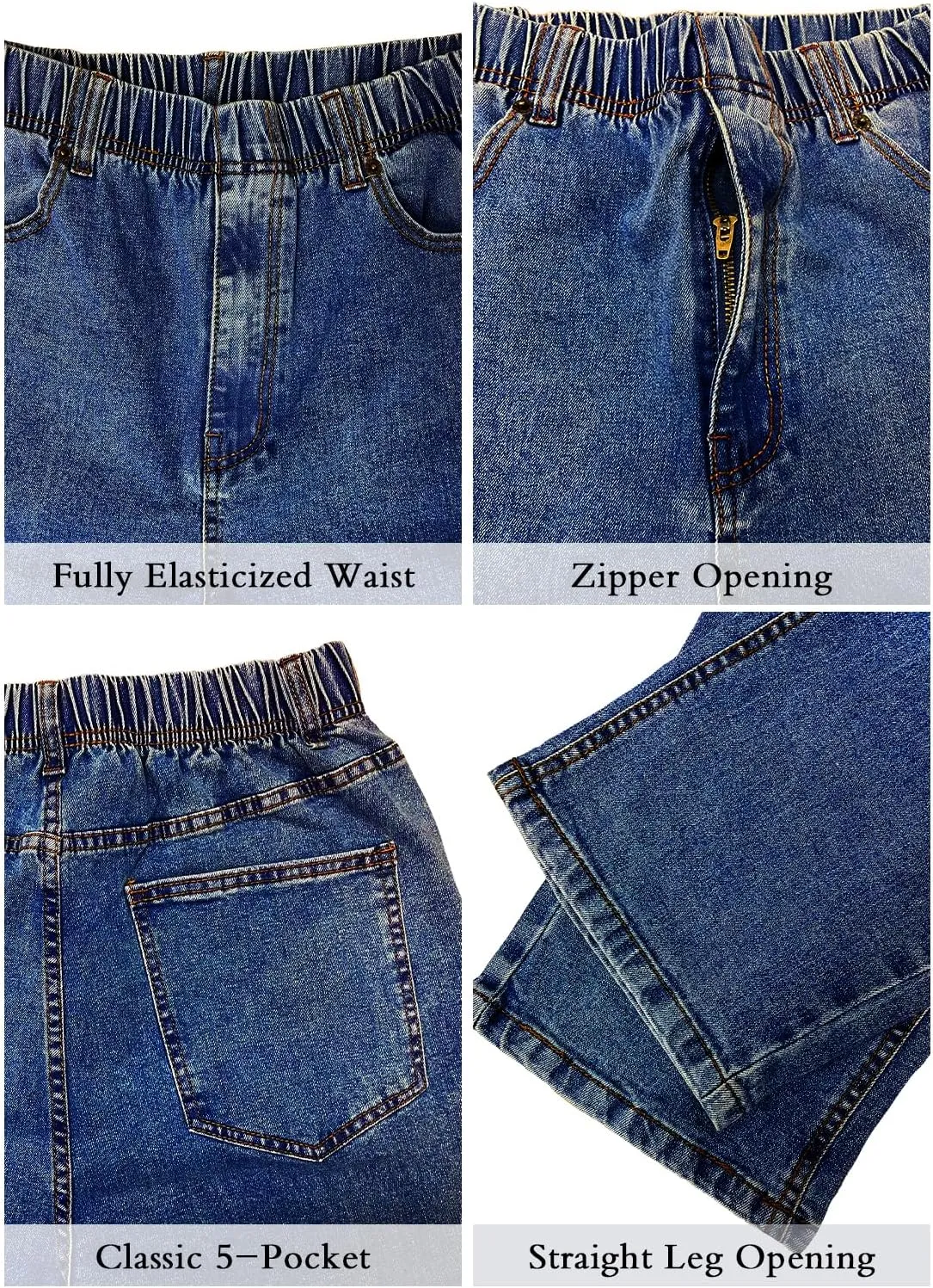 Mens Elastic Waist Jeans Relaxed Fit Stretch Denim Pants Straight Leg Jean with Zipper