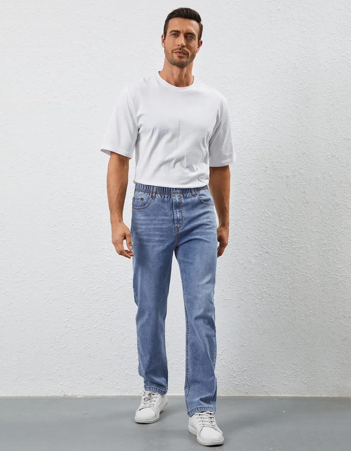 Mens Elastic Waist Jeans Relaxed Fit Stretch Denim Pants Straight Leg Jean with Zipper