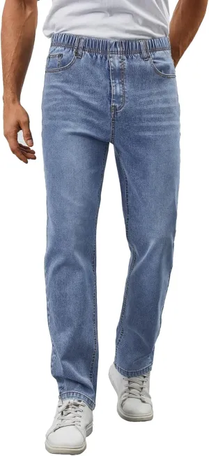 Mens Elastic Waist Jeans Relaxed Fit Stretch Denim Pants Straight Leg Jean with Zipper