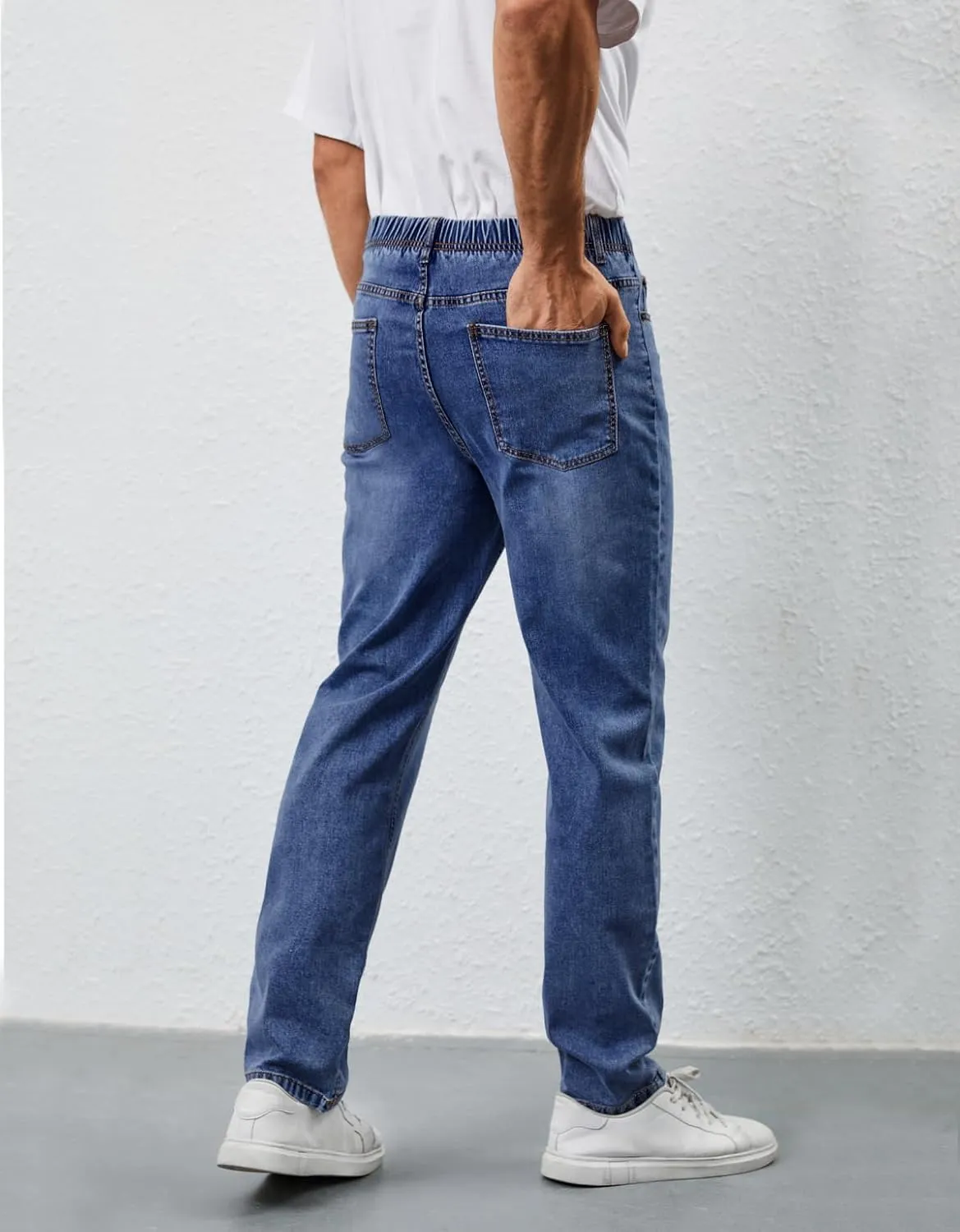 Mens Elastic Waist Jeans Relaxed Fit Stretch Denim Pants Straight Leg Jean with Zipper