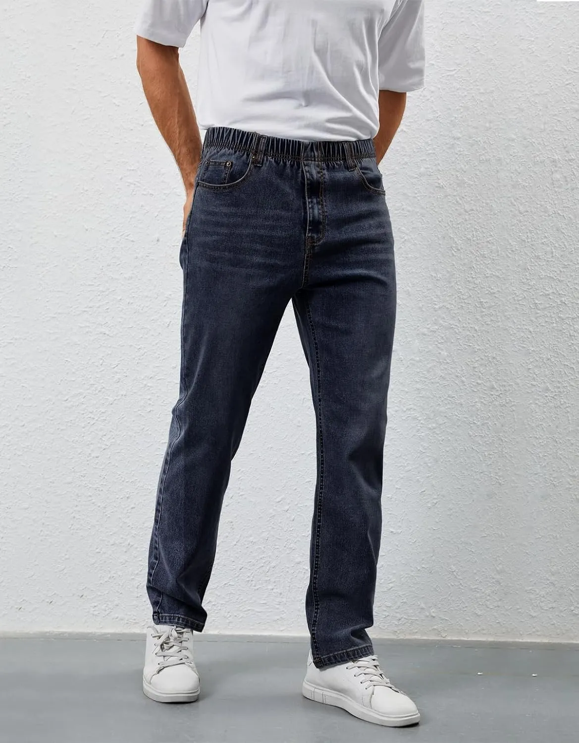 Mens Elastic Waist Jeans Relaxed Fit Stretch Denim Pants Straight Leg Jean with Zipper