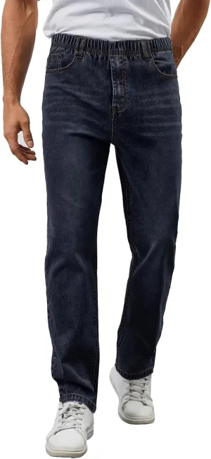 Mens Elastic Waist Jeans Relaxed Fit Stretch Denim Pants Straight Leg Jean with Zipper