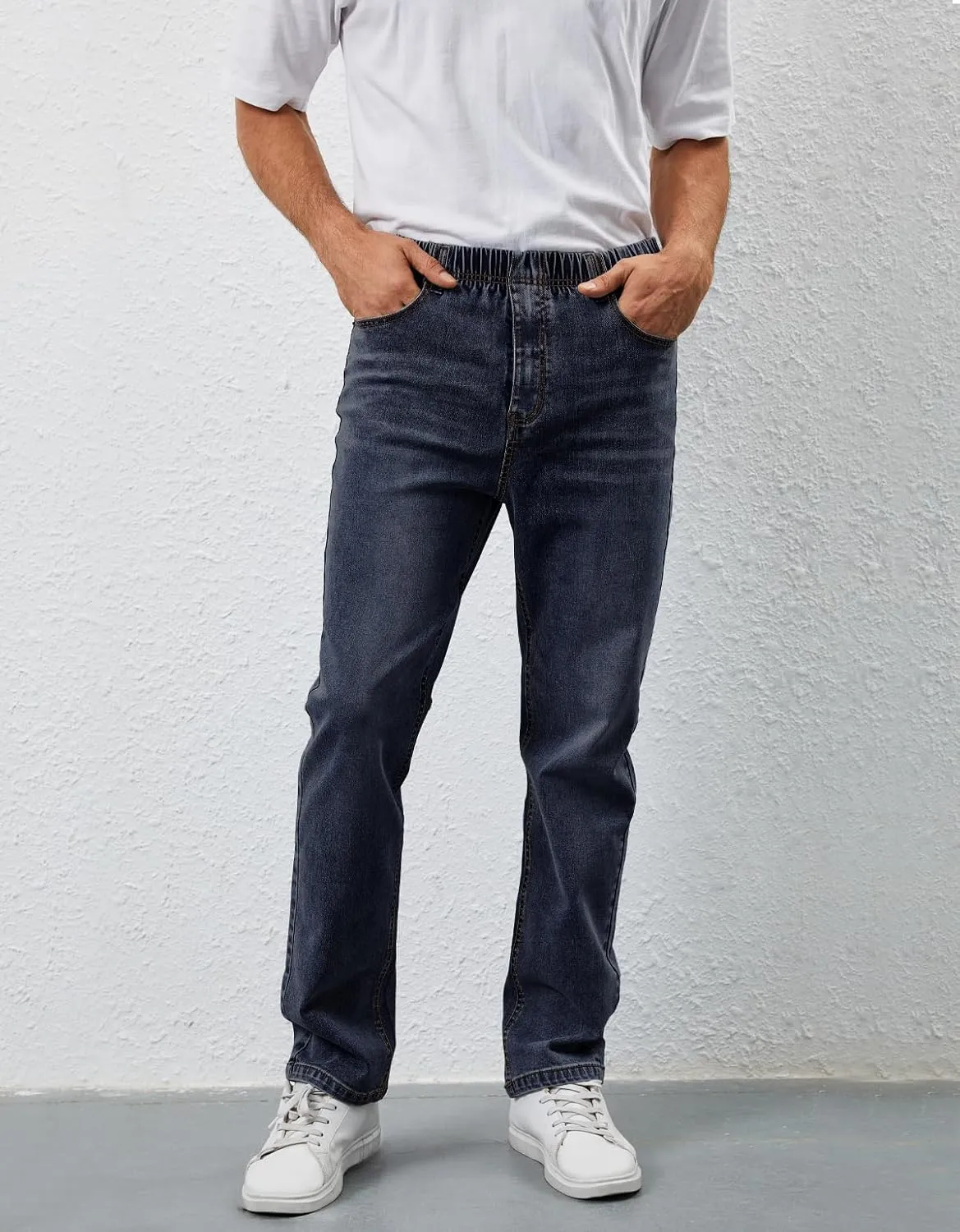 Mens Elastic Waist Jeans Relaxed Fit Stretch Denim Pants Straight Leg Jean with Zipper