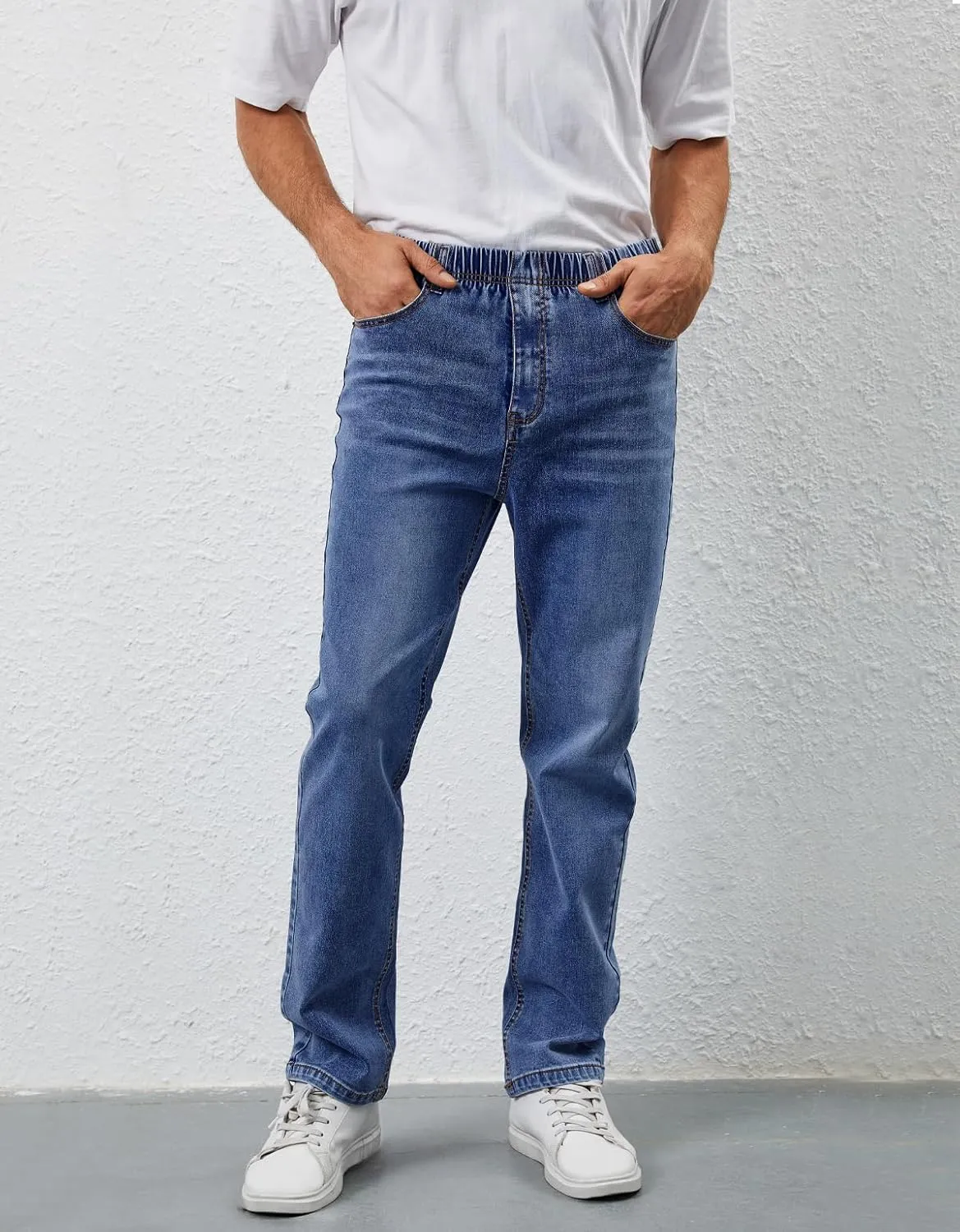 Mens Elastic Waist Jeans Relaxed Fit Stretch Denim Pants Straight Leg Jean with Zipper