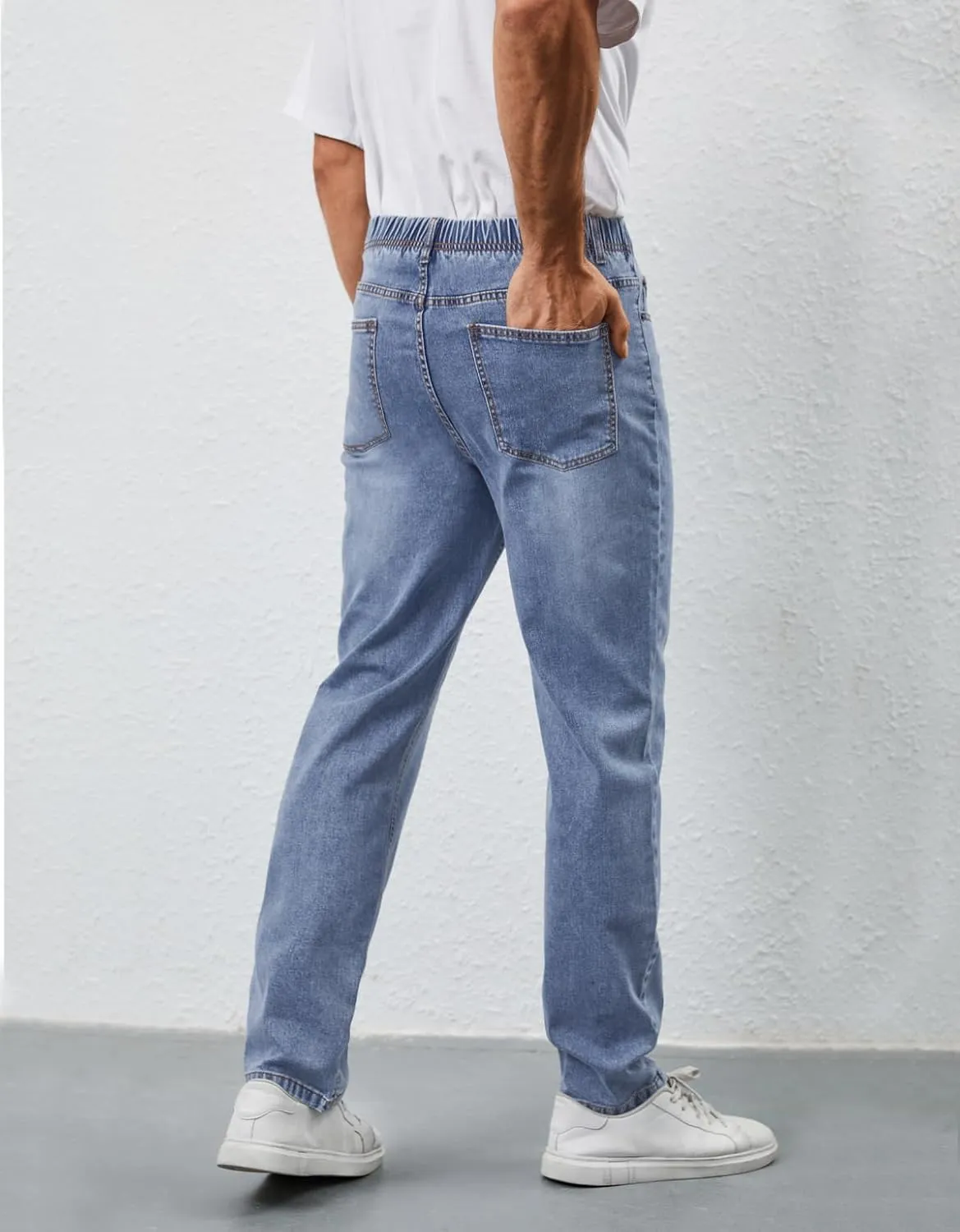 Mens Elastic Waist Jeans Relaxed Fit Stretch Denim Pants Straight Leg Jean with Zipper
