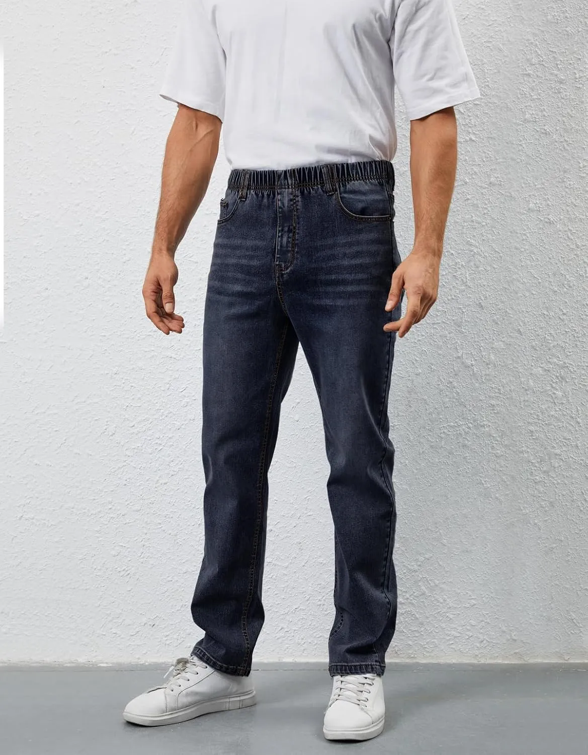 Mens Elastic Waist Jeans Relaxed Fit Stretch Denim Pants Straight Leg Jean with Zipper
