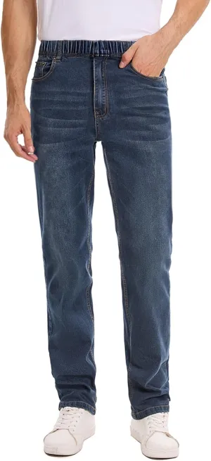 Mens Elastic Waist Jeans Relaxed Fit Stretch Denim Pants Straight Leg Jean with Zipper